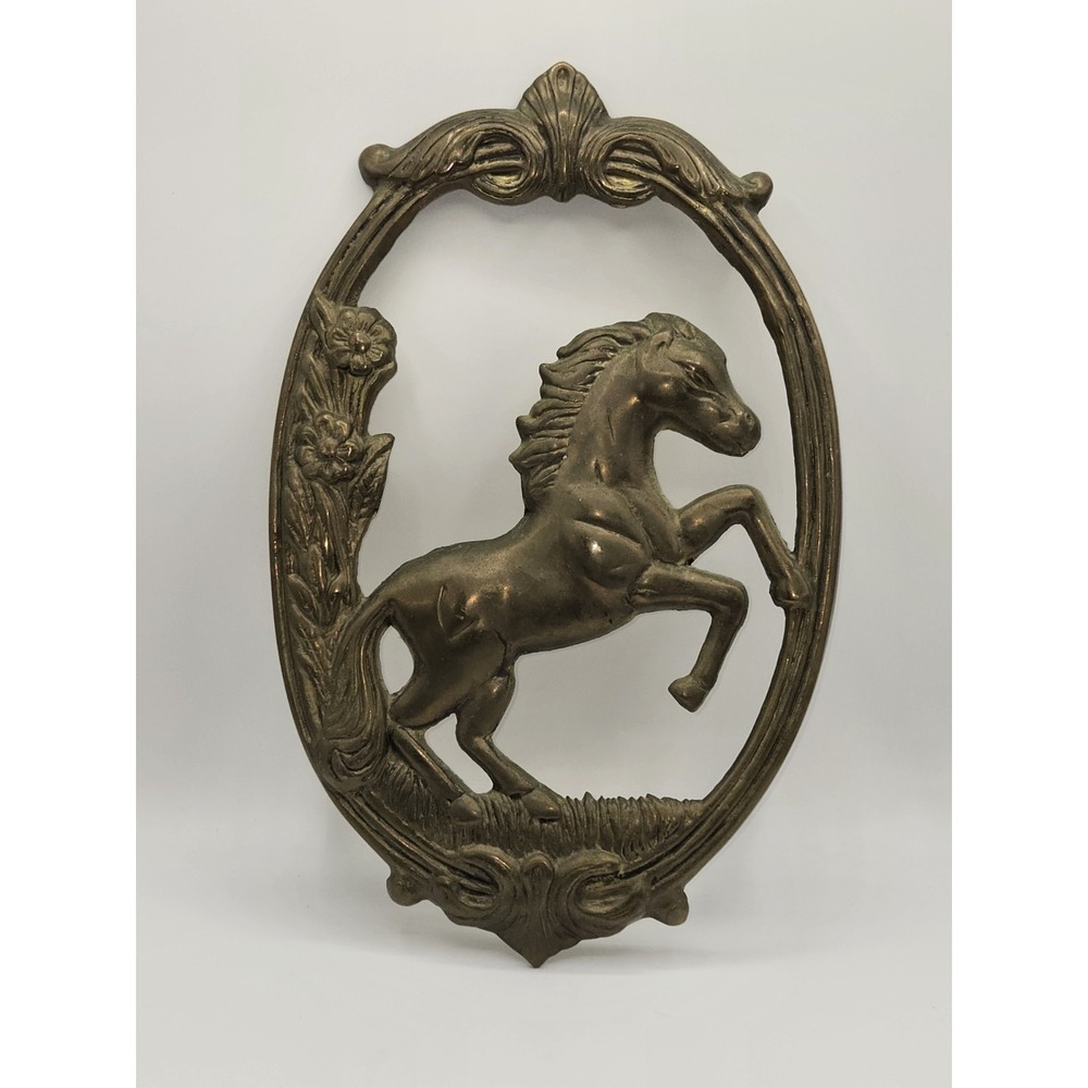 Vintage Solid Brass Rearing Horse Wall Plaque Hanging Equestrian Decor 1970s